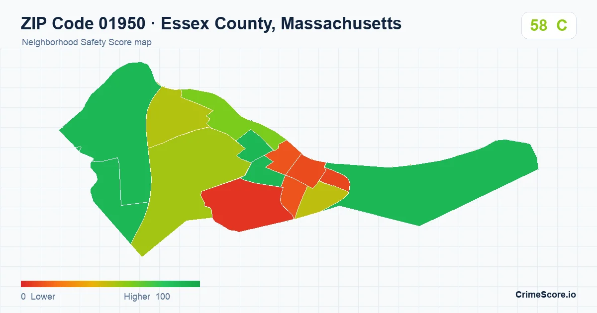ZIP Code 01950 in Essex County, Massachusetts neighborhood Safety Score map