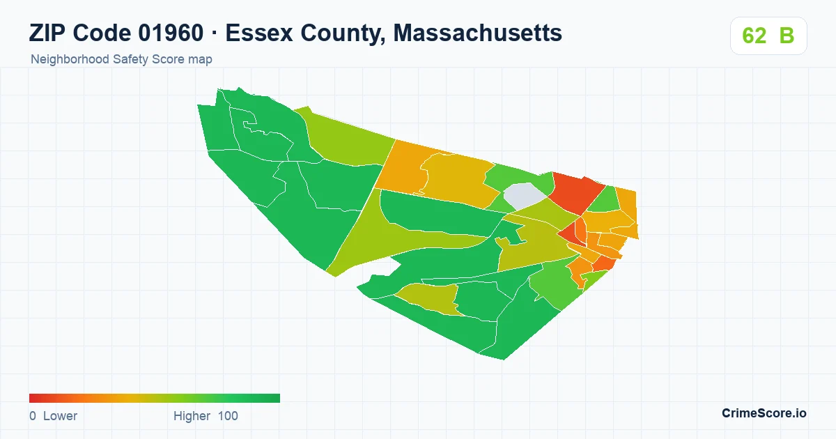 ZIP Code 01960 in Essex County, Massachusetts neighborhood Safety Score map