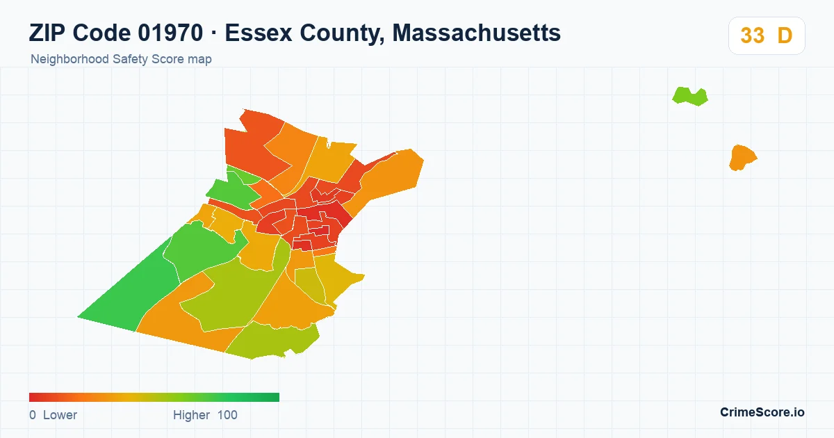 ZIP Code 01970 in Essex County, Massachusetts neighborhood Safety Score map