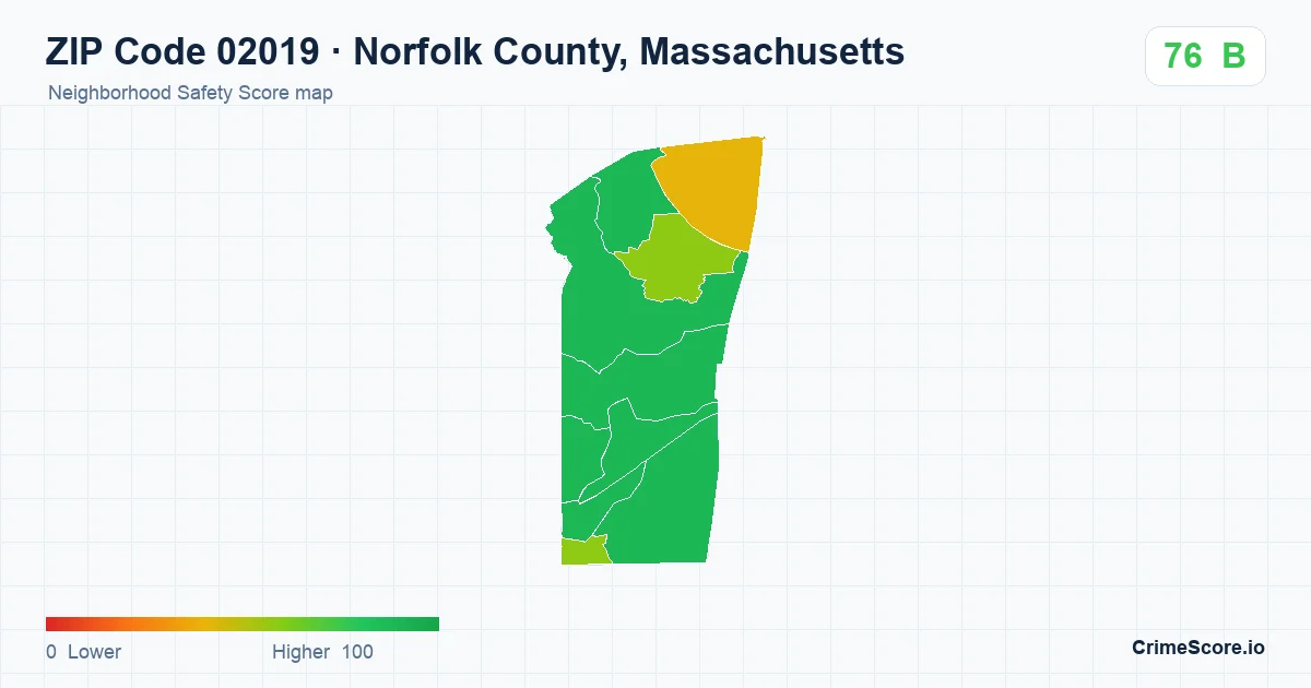 ZIP Code 02019 in Norfolk County, Massachusetts neighborhood Safety Score map