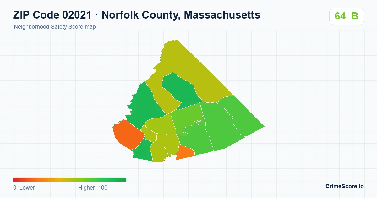ZIP Code 02021 in Norfolk County, Massachusetts neighborhood Safety Score map