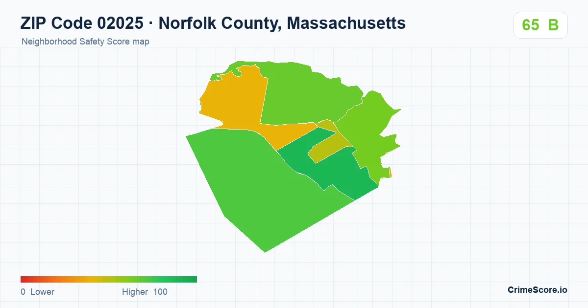 ZIP Code 02025 in Norfolk County, Massachusetts neighborhood Safety Score map