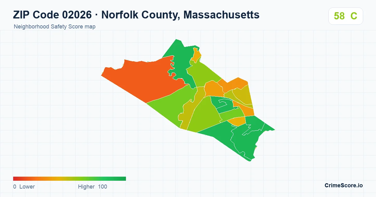 ZIP Code 02026 in Norfolk County, Massachusetts neighborhood Safety Score map
