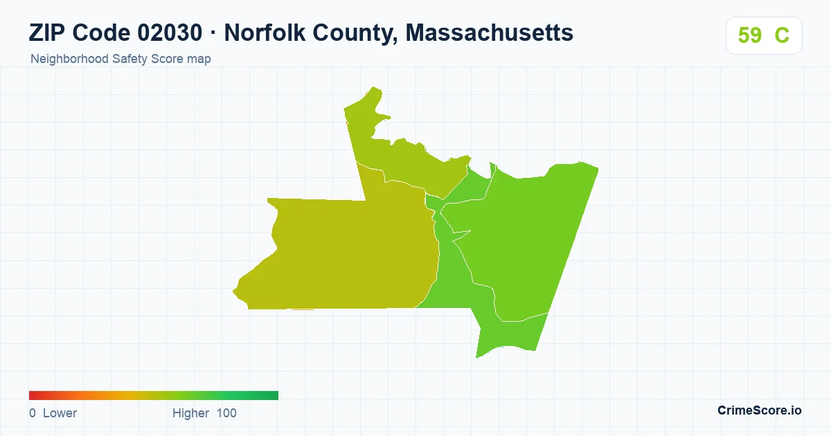 ZIP Code 02030 in Norfolk County, Massachusetts neighborhood Safety Score map