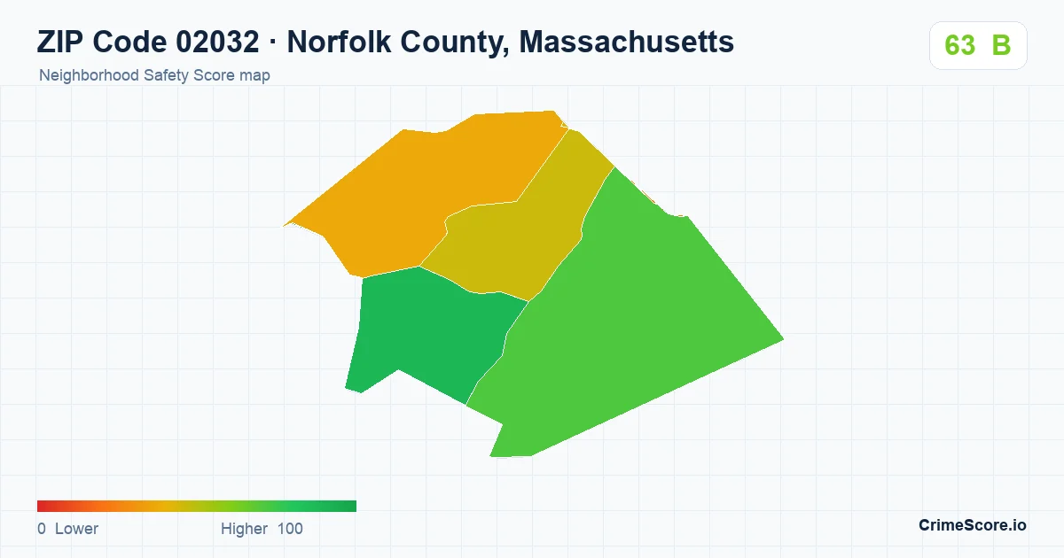 ZIP Code 02032 in Norfolk County, Massachusetts neighborhood Safety Score map