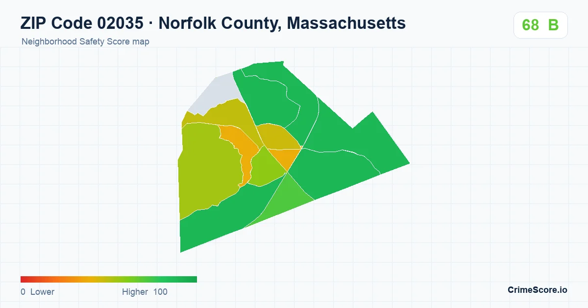 ZIP Code 02035 in Norfolk County, Massachusetts neighborhood Safety Score map