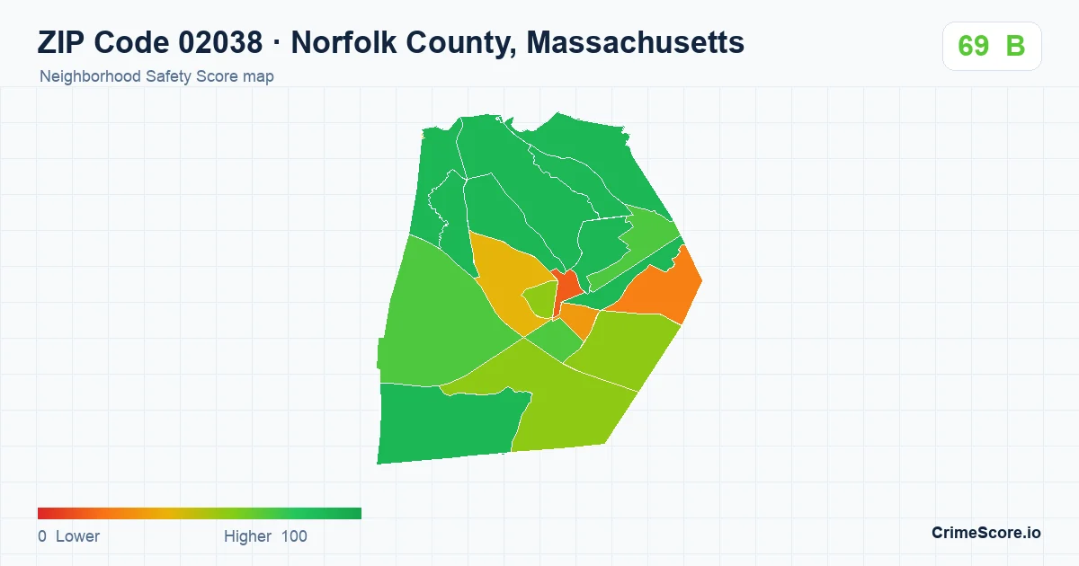 ZIP Code 02038 in Norfolk County, Massachusetts neighborhood Safety Score map