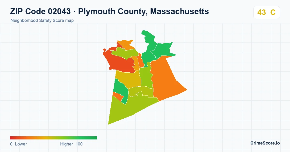 ZIP Code 02043 in Plymouth County, Massachusetts neighborhood Safety Score map
