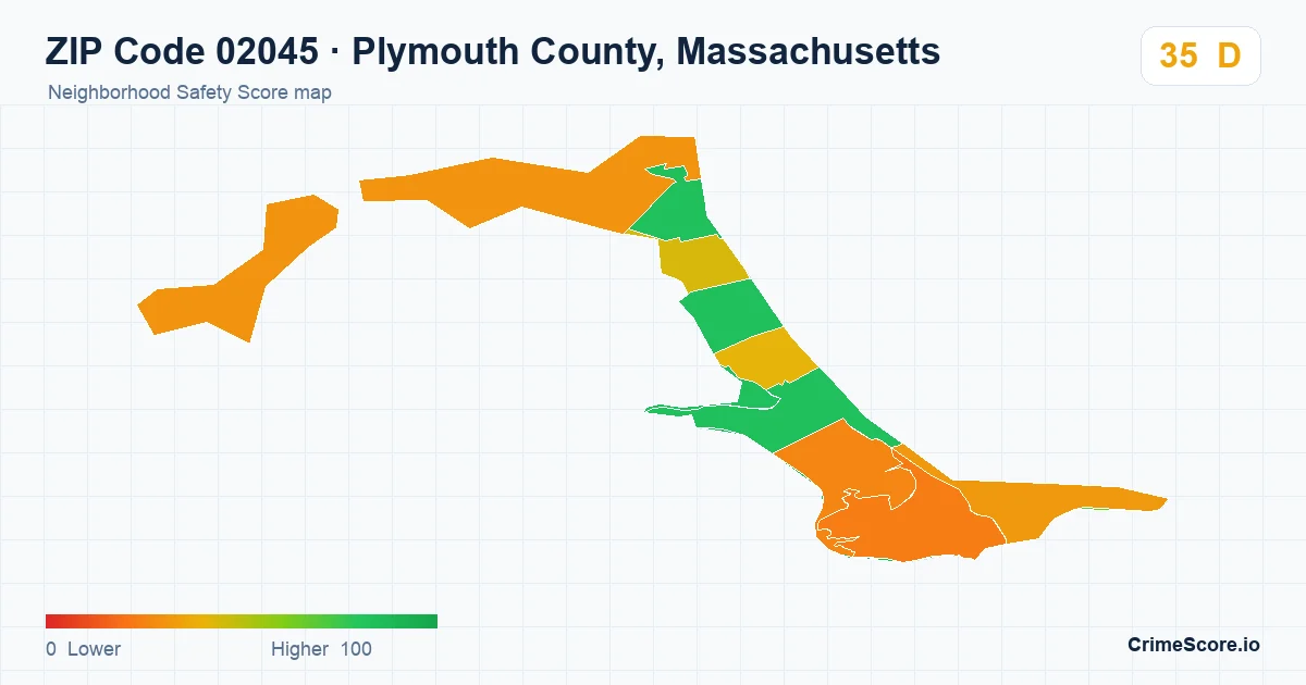 ZIP Code 02045 in Plymouth County, Massachusetts neighborhood Safety Score map
