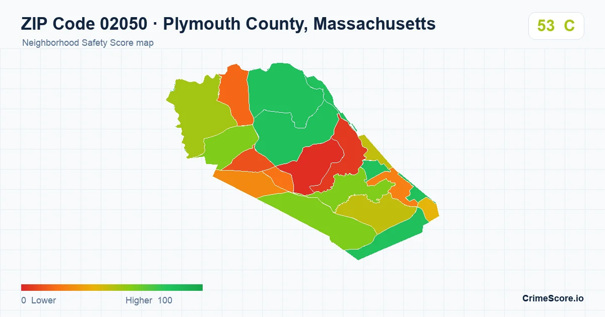 ZIP Code 02050 in Plymouth County, Massachusetts neighborhood Safety Score map