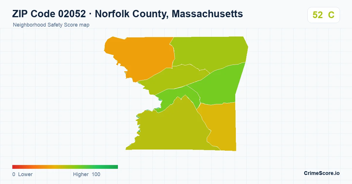 ZIP Code 02052 in Norfolk County, Massachusetts neighborhood Safety Score map