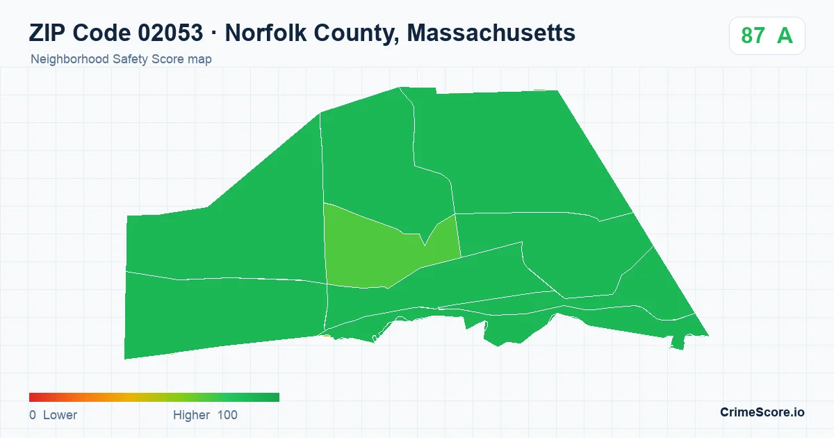 ZIP Code 02053 in Norfolk County, Massachusetts neighborhood Safety Score map