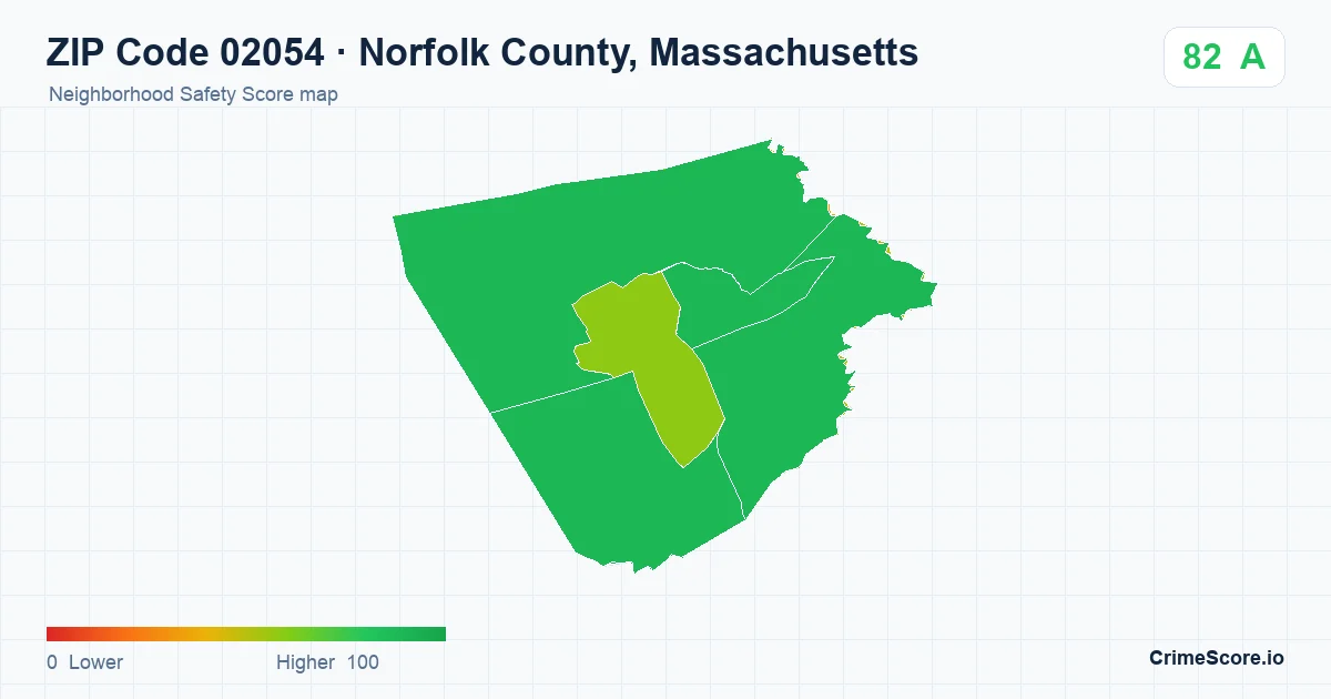 ZIP Code 02054 in Norfolk County, Massachusetts neighborhood Safety Score map