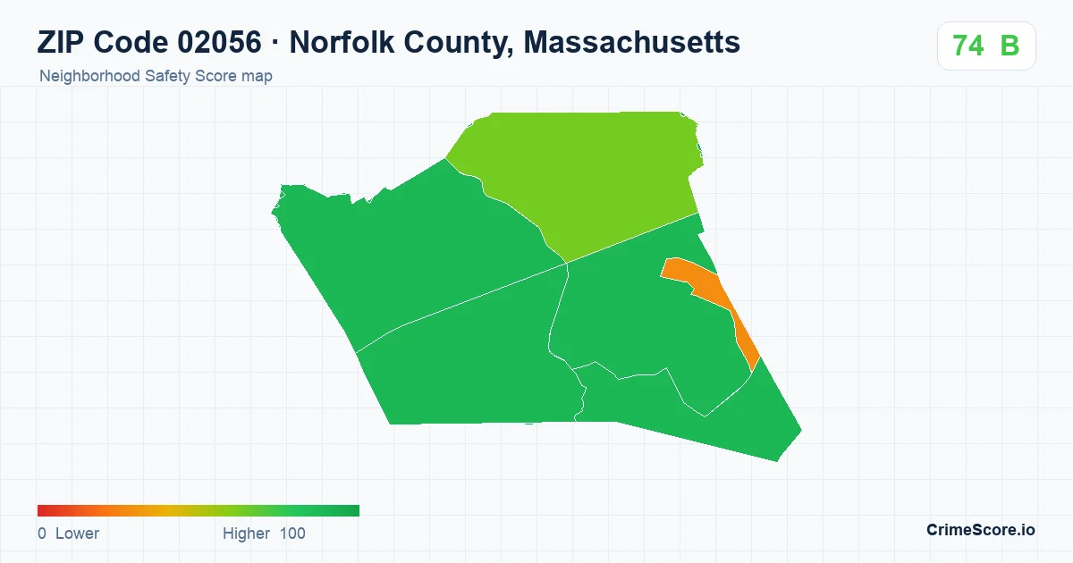 ZIP Code 02056 in Norfolk County, Massachusetts neighborhood Safety Score map