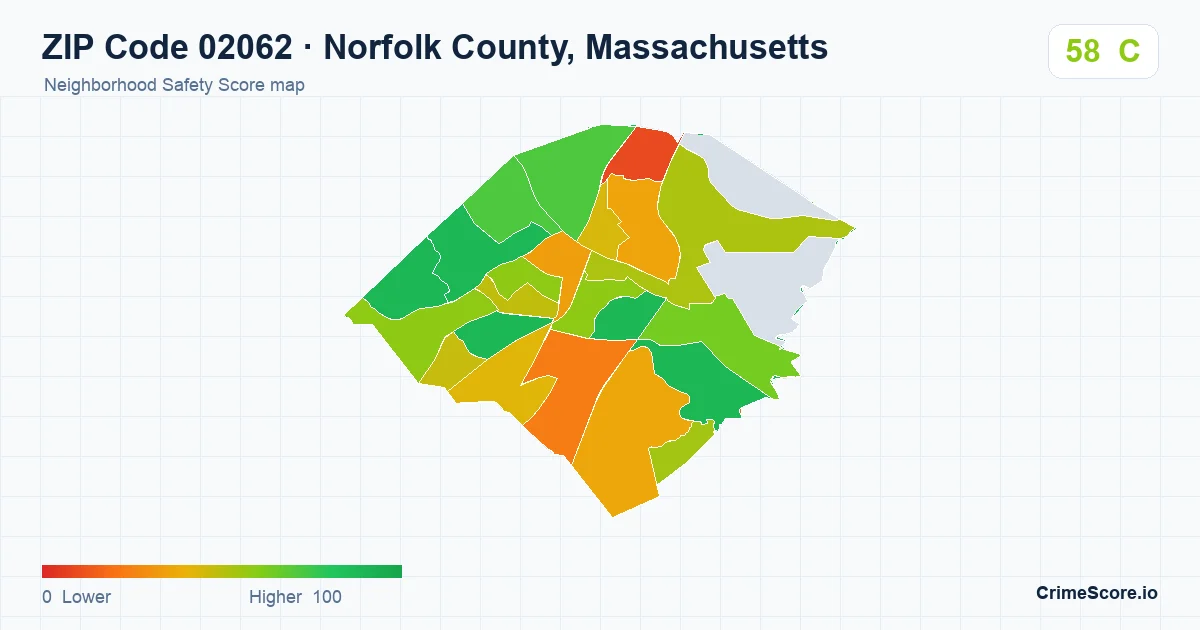 ZIP Code 02062 in Norfolk County, Massachusetts neighborhood Safety Score map