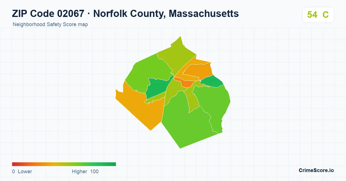 ZIP Code 02067 in Norfolk County, Massachusetts neighborhood Safety Score map