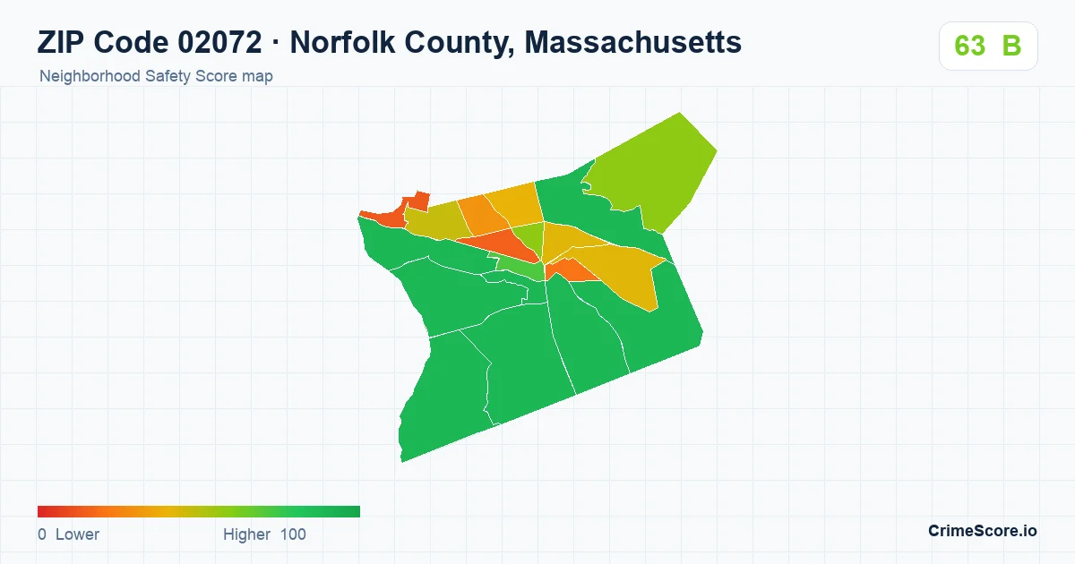 ZIP Code 02072 in Norfolk County, Massachusetts neighborhood Safety Score map