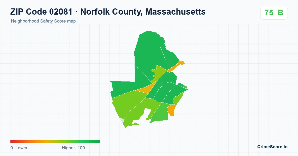 ZIP Code 02081 in Norfolk County, Massachusetts neighborhood Safety Score map