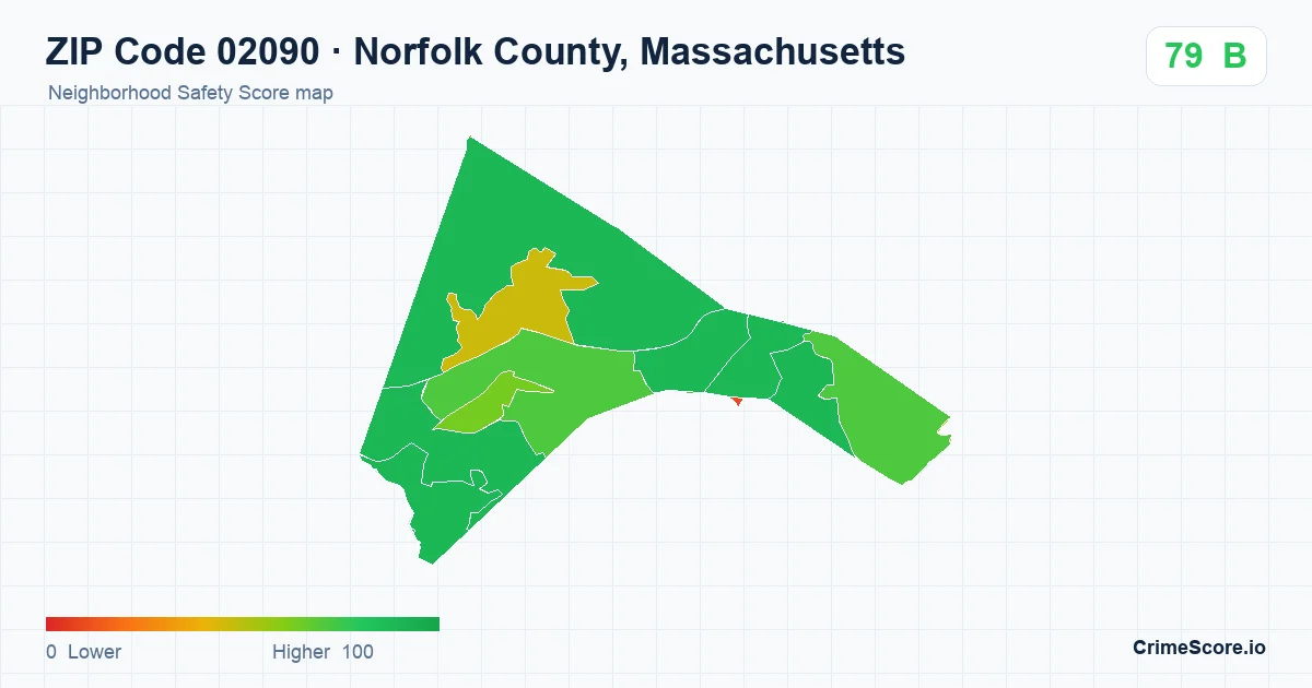 ZIP Code 02090 in Norfolk County, Massachusetts neighborhood Safety Score map