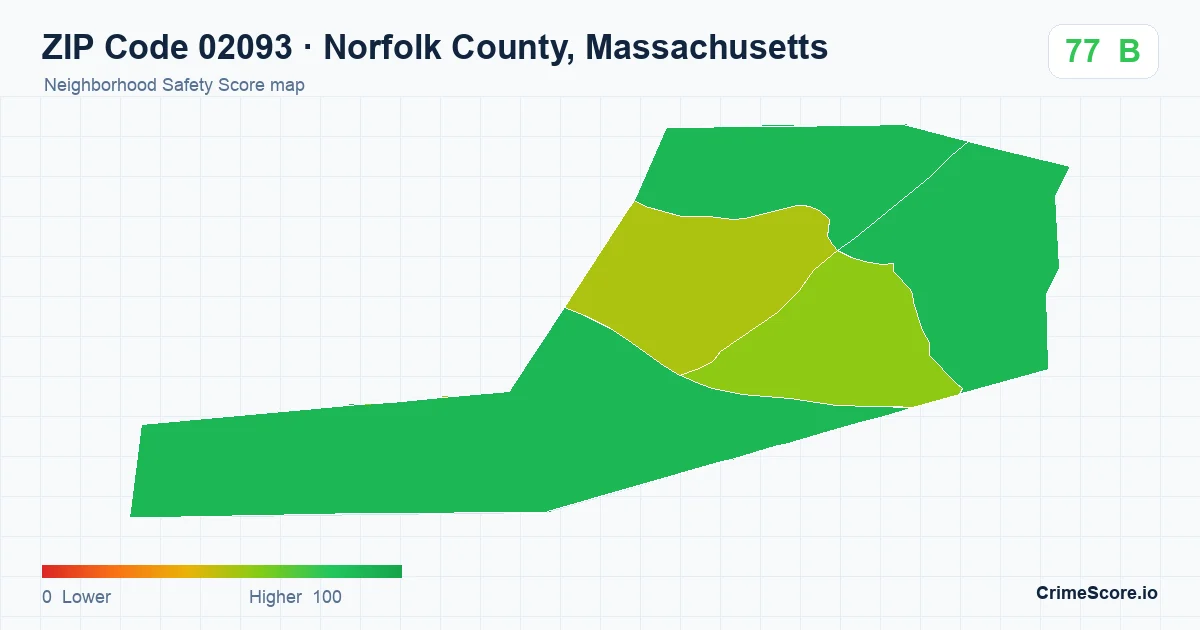 ZIP Code 02093 in Norfolk County, Massachusetts neighborhood Safety Score map
