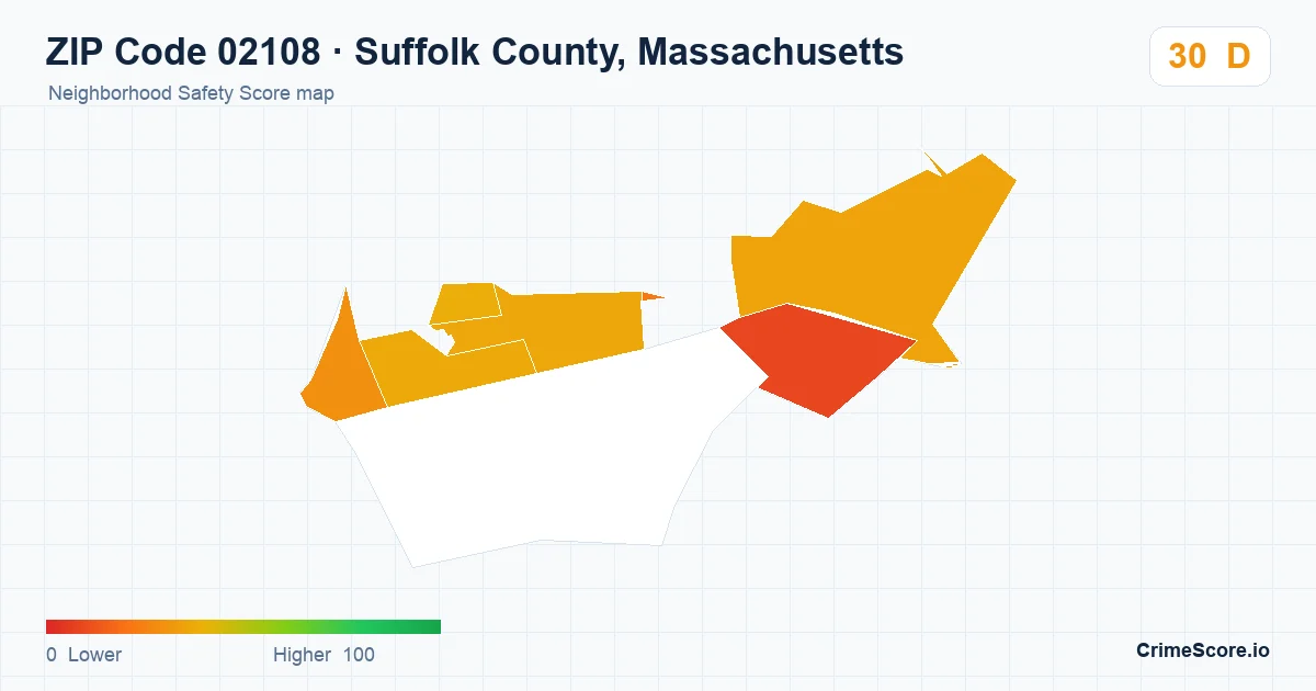 ZIP Code 02108 in Suffolk County, Massachusetts neighborhood Safety Score map