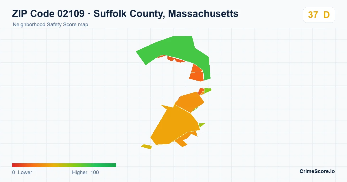 ZIP Code 02109 in Suffolk County, Massachusetts neighborhood Safety Score map