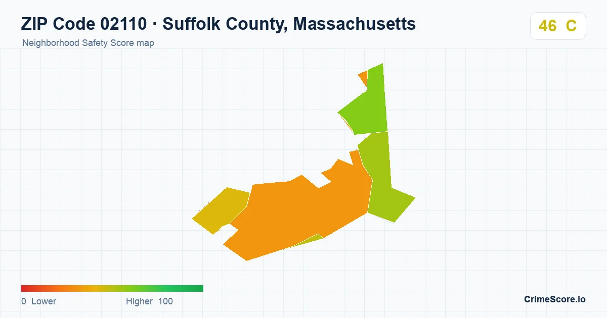ZIP Code 02110 in Suffolk County, Massachusetts neighborhood Safety Score map