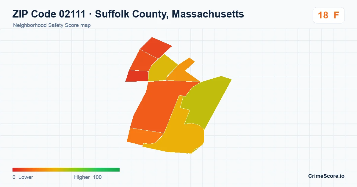 ZIP Code 02111 in Suffolk County, Massachusetts neighborhood Safety Score map
