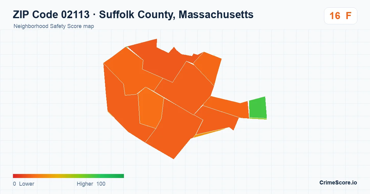 ZIP Code 02113 in Suffolk County, Massachusetts neighborhood Safety Score map