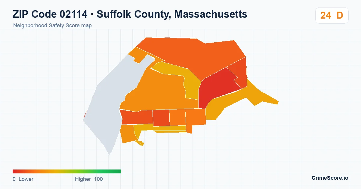 ZIP Code 02114 in Suffolk County, Massachusetts neighborhood Safety Score map