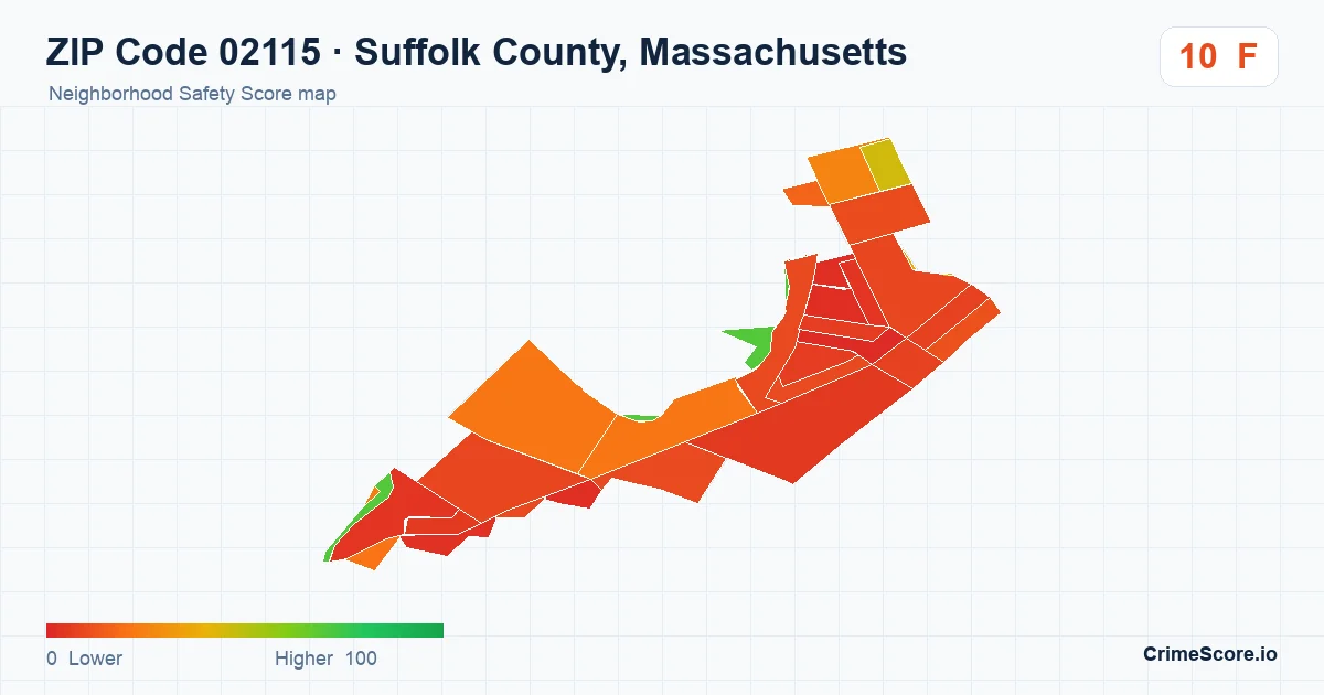 ZIP Code 02115 in Suffolk County, Massachusetts neighborhood Safety Score map