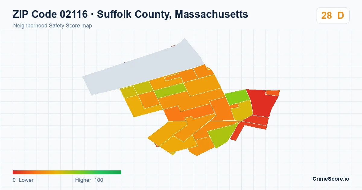 ZIP Code 02116 in Suffolk County, Massachusetts neighborhood Safety Score map