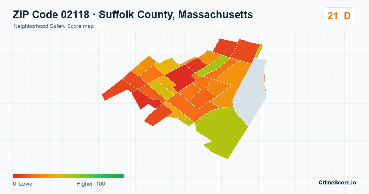 ZIP Code 02118 in Suffolk County, Massachusetts neighborhood Safety Score map
