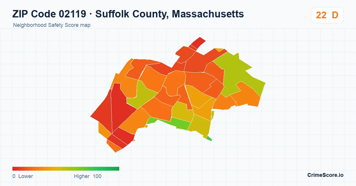 ZIP Code 02119 in Suffolk County, Massachusetts neighborhood Safety Score map