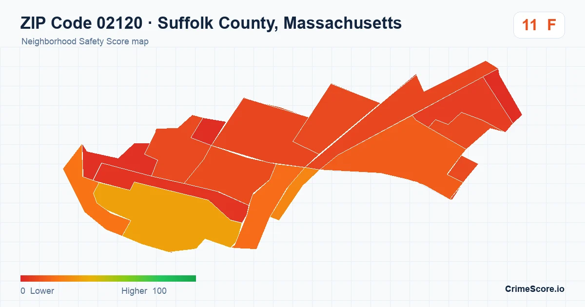 ZIP Code 02120 in Suffolk County, Massachusetts neighborhood Safety Score map