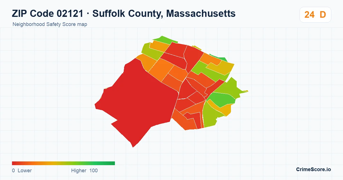 ZIP Code 02121 in Suffolk County, Massachusetts neighborhood Safety Score map