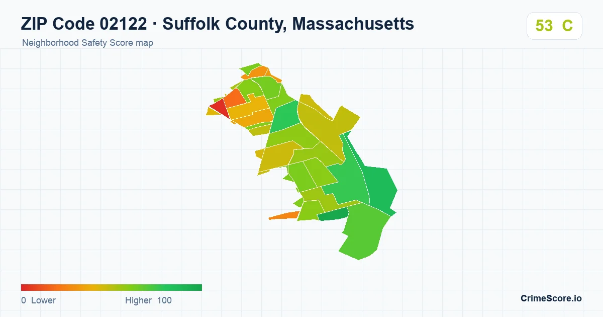 ZIP Code 02122 in Suffolk County, Massachusetts neighborhood Safety Score map