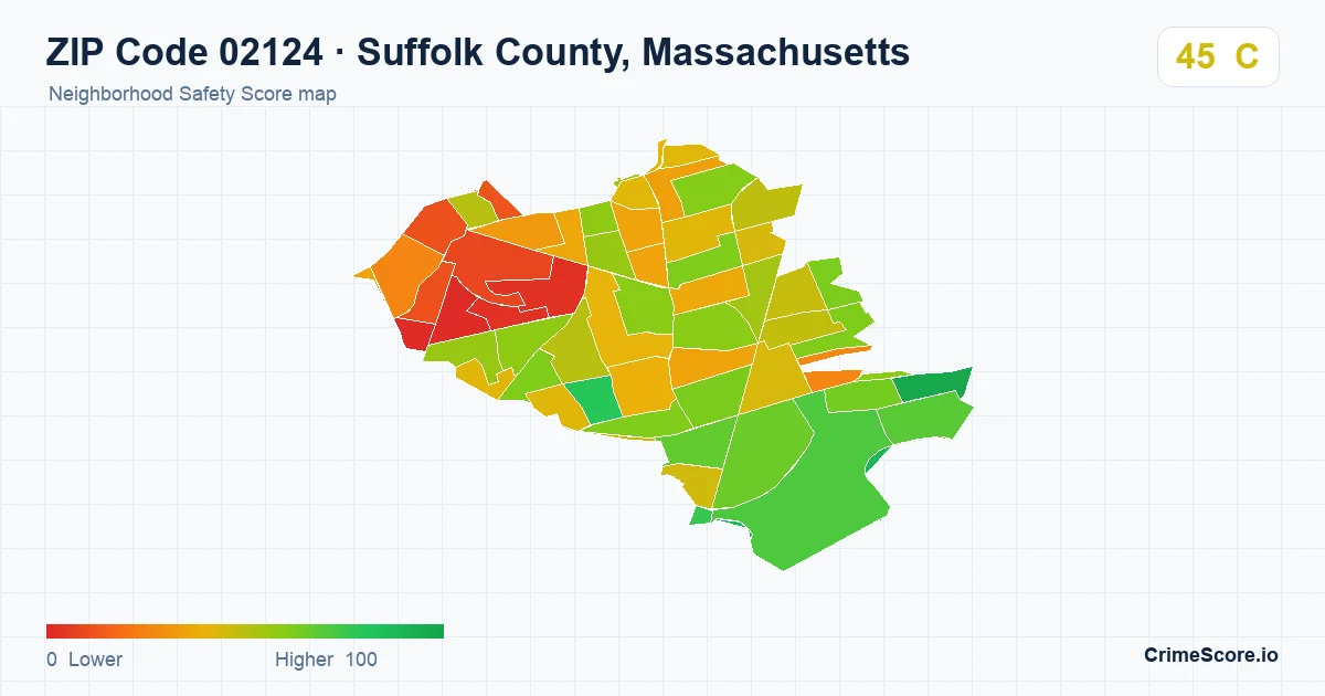 ZIP Code 02124 in Suffolk County, Massachusetts neighborhood Safety Score map