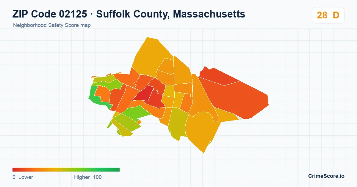 ZIP Code 02125 in Suffolk County, Massachusetts neighborhood Safety Score map