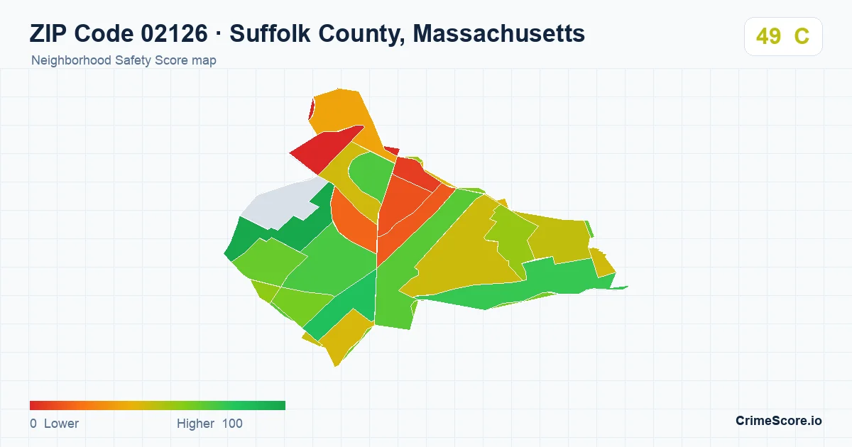 ZIP Code 02126 in Suffolk County, Massachusetts neighborhood Safety Score map
