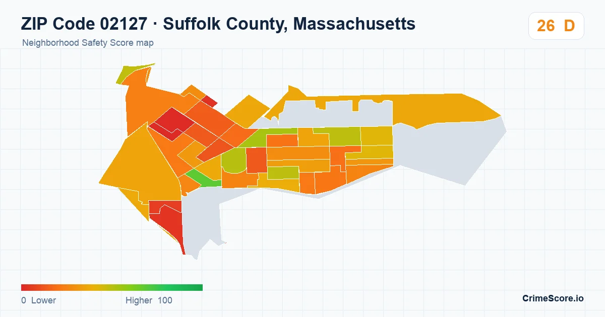ZIP Code 02127 in Suffolk County, Massachusetts neighborhood Safety Score map
