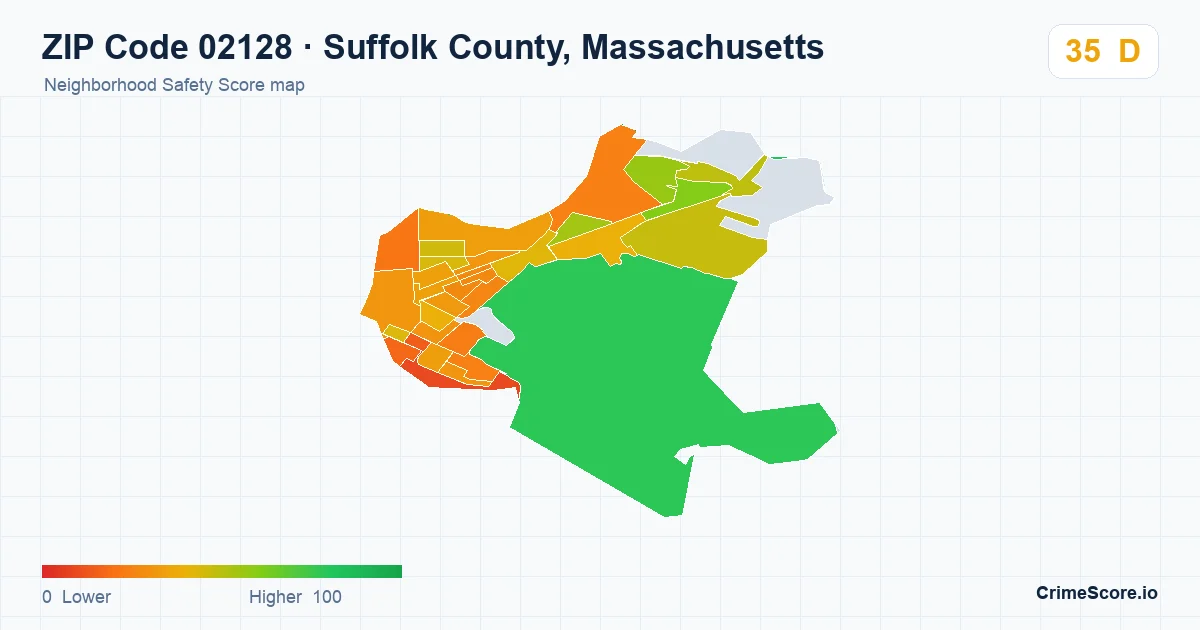 ZIP Code 02128 in Suffolk County, Massachusetts neighborhood Safety Score map