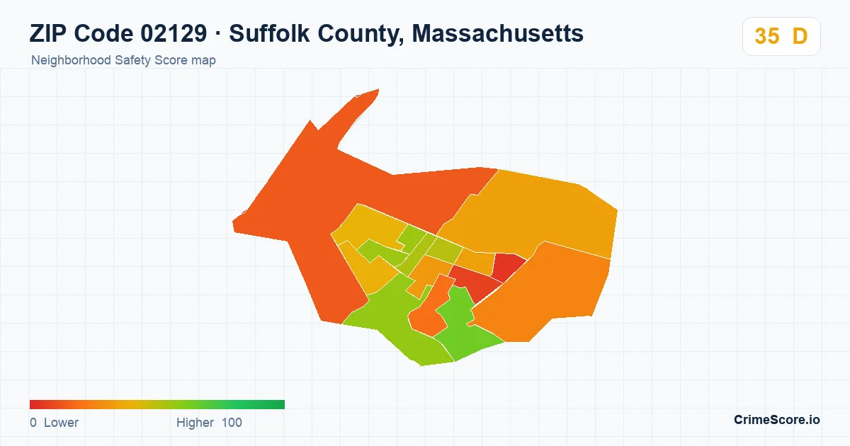 ZIP Code 02129 in Suffolk County, Massachusetts neighborhood Safety Score map