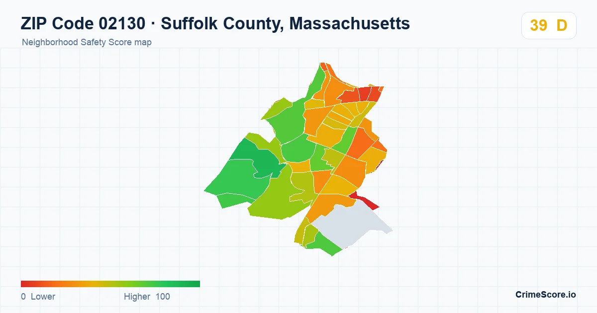 ZIP Code 02130 in Suffolk County, Massachusetts neighborhood Safety Score map