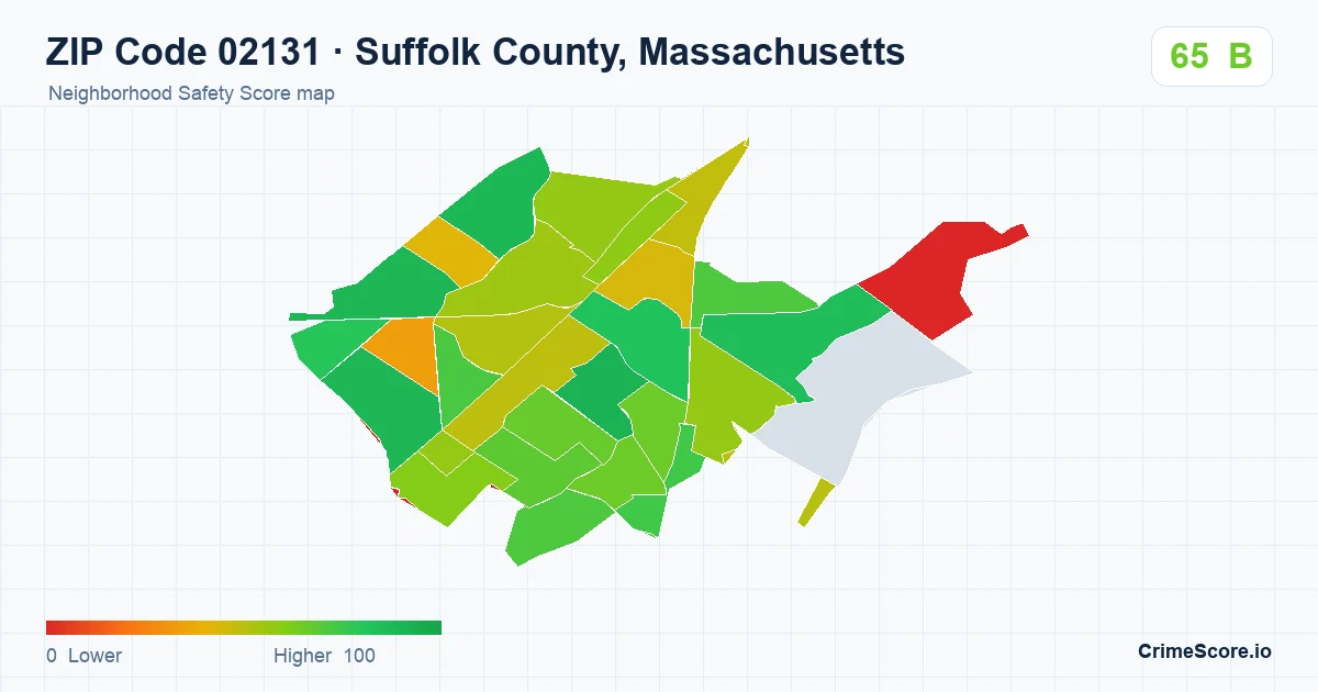 ZIP Code 02131 in Suffolk County, Massachusetts neighborhood Safety Score map