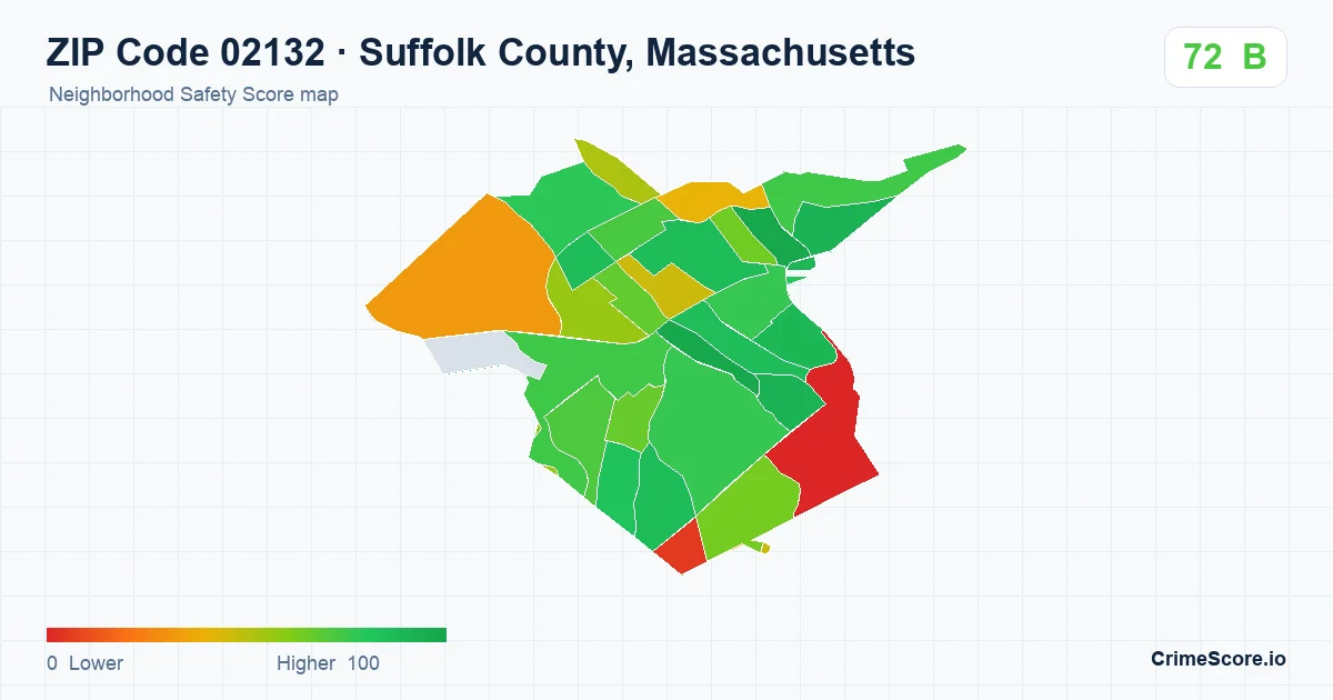 ZIP Code 02132 in Suffolk County, Massachusetts neighborhood Safety Score map