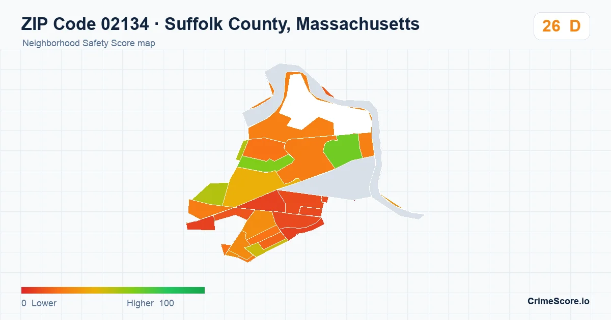 ZIP Code 02134 in Suffolk County, Massachusetts neighborhood Safety Score map