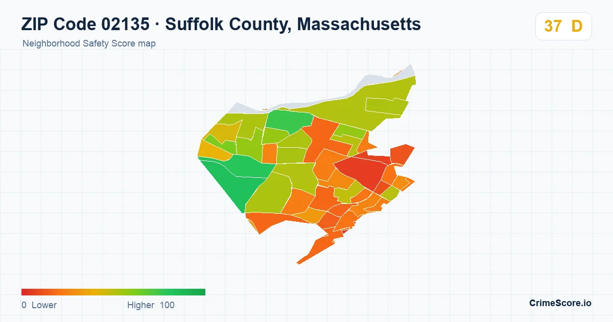 ZIP Code 02135 in Suffolk County, Massachusetts neighborhood Safety Score map