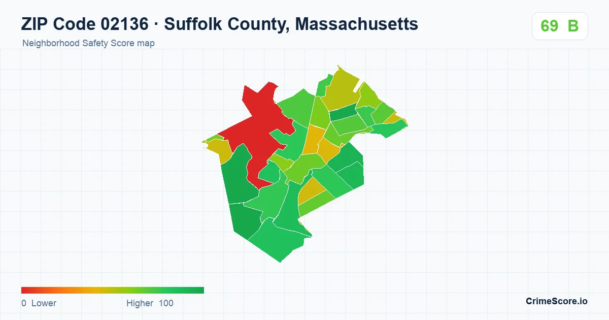 ZIP Code 02136 in Suffolk County, Massachusetts neighborhood Safety Score map
