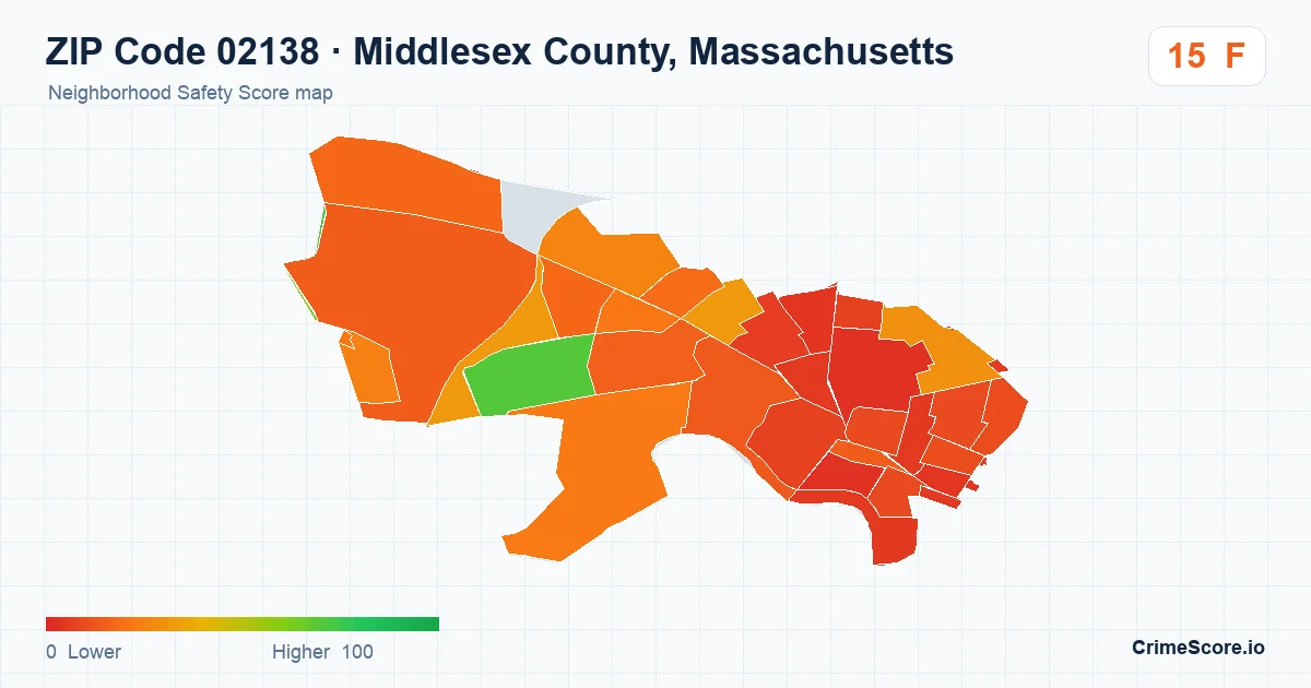 ZIP Code 02138 in Middlesex County, Massachusetts neighborhood Safety Score map